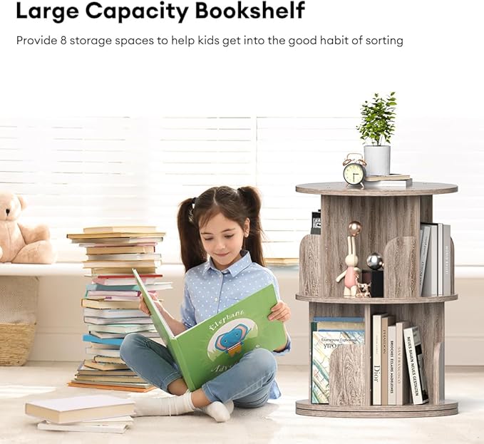 Nidouillet Small Rotating Bookshelf, 2 Tier Revolving Bookcase 360° Display Round Bookshelf Narrow Swivel Corner Book Shelf Standing Bookcase Adult Bedroom