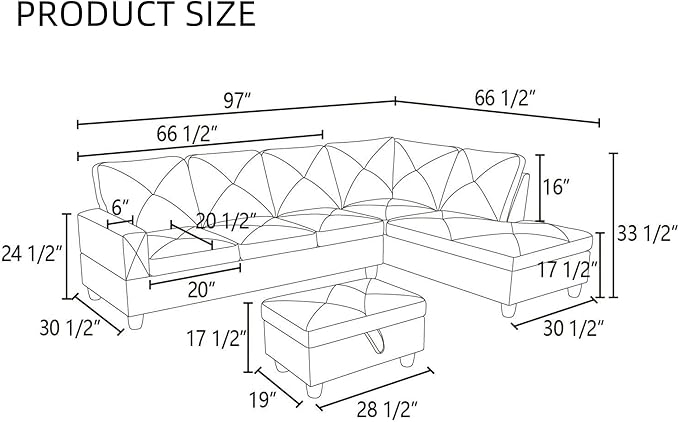 L Shaped Sectional Couches, Modern Modular Sectional Sofa for Living Room Bedroom Furniture, Comfy 4 Seat Couch with Ottoman Storage & Chaise, Black Gray