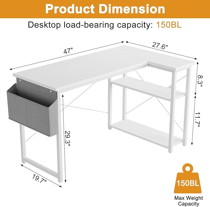 L Shaped Computer Desk with Reversible Shelves, 47 Inch Small Corner Desk with Storage Bag, Gaming Desk Computer Table Study Writing Desk for Home Office Small Space, White