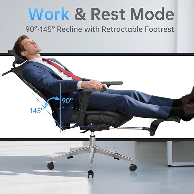 Ergonomic Office Chair, Adjustable Lumbar &Headrest, 3D Armrests, Silent Wheels, 145° Reclining Chair with Footrest, Large Steel Base, 350 LBS Swivel Desk Chair
