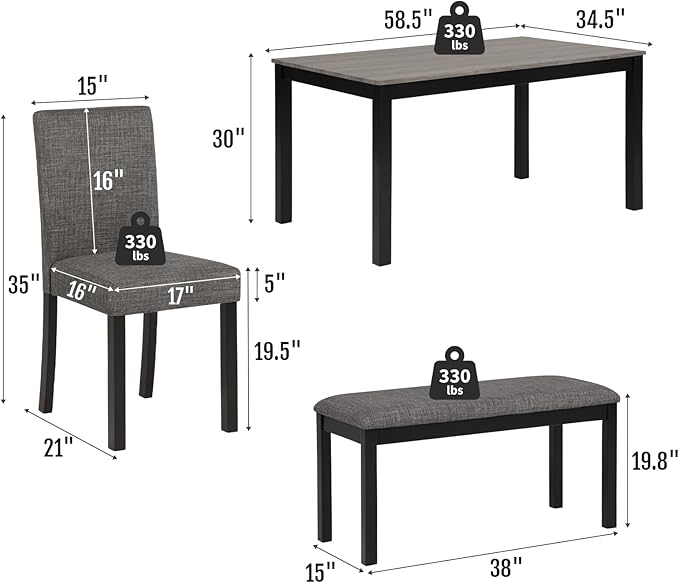 6-Piece Solid Wood Dining Table Set, Including 1 Dining Table, 4 Upholstered Chairs and 1 Bench, Wooden Legs Dining Table Set for Dining Room, Kitchen, Restaurant, Dark Grey