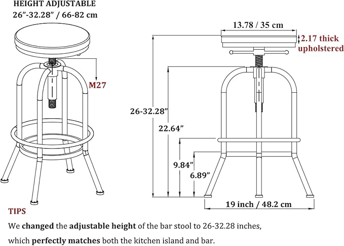 LOKKHAN 32 Inch Vintage Industrial Bar Stool-Swivel Upholstered Metal Bar Height Adjustable Kitchen Counter Breakfast Cafe Stools 2 Pack-Extra Tall 26"-32",PU Leather,Welded