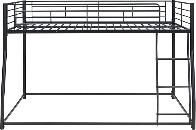 Full XL Over Queen Metal Floor Bunk Bed with Sloping Stairs and Safety Guardrails for Bedroom,Guest Rooms, No Box Spring Needed, Simple to Assemble,Black
