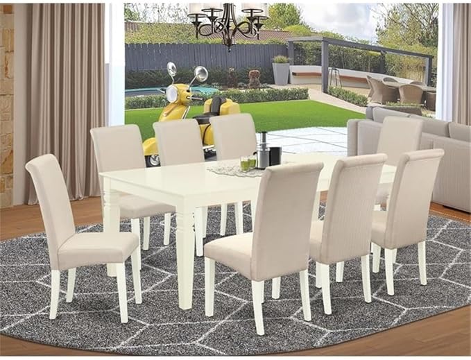 East West Furniture LGBA9-LWH-01 9 Piece Dining Room Set Includes a Rectangle Wooden Table with Butterfly Leaf and 8 Cream Linen Fabric Parson Dining Room Chairs, 42x84 Inch, Linen White