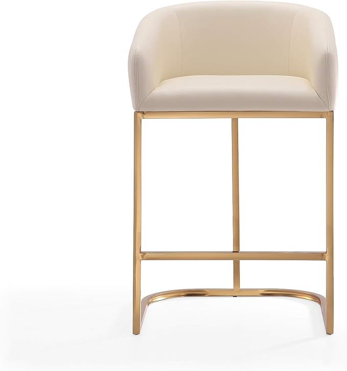 Manhattan Comfort Louvre 26 Inch Mid Century Modern Counter Height Bar Stools - Elegant Faux Leather Padded Seat, Stainless Steel Base with Footrest, Fully Assembled Barstools, Set of 3, Cream