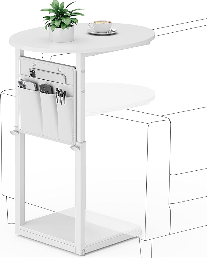 Vagusicc C Shaped End Table, Adjustable Height Small Side Table for Couch and Recliner, 32" Tall Couch Side Table Slide Under Sofa Tray Desk with Storage Bag for Living Room and Bedroom, White