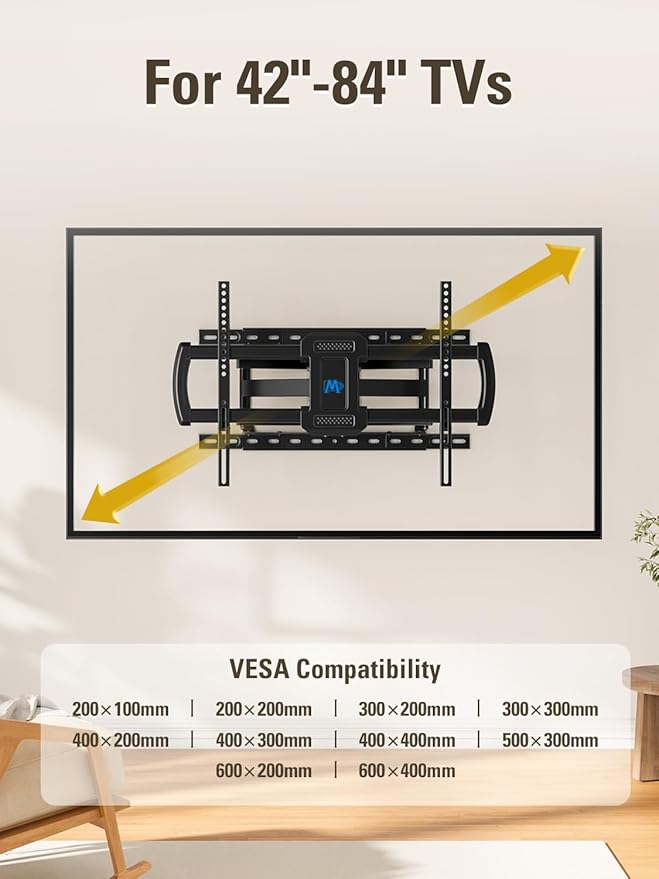 Mounting Dream TV Wall Mounts Bracket for Most 42-84 Inch TVs, UL Listed Premium TV Mount Full Motion with Articulating Arms, Max VESA 600x400mm and 100LBS, Fits 16", 18", 24" Studs, MD2296-24K