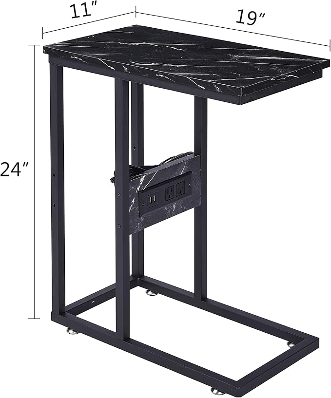 VECELO C Shaped End Side Table with Charging Station & Power Outlets for Couch Sofa/Bed Snack TV Tray with Metal Frame for Living Room Bedroom 1 Set, Black Marble