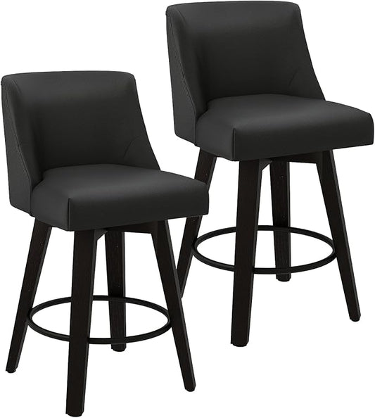 Counter Height Swivel Bar Stools Set of 2, 26 Inch Bar Stools with Footrest, Faux Leather Upholstered Barstools with Back and Solid Wood Legs for Kitchen Island, Dining Room,Pub,Black