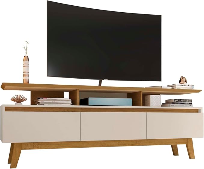 Manhattan Comfort Yonkers 71 Inch Mid Century Modern TV Stand with Storage, 3 Flip Down Door, Hole for Wire Management, Fits Up to 60" Television, Durable & Versatile Console Table, Off White/Cinnamon