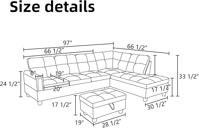 L Shaped Sectional Couches for Living Room, Modern Modular Sectional Sofa with Ottoman Storage, Comfy L Shaped Couch with Chaise for Bedroom Apartment Furniture, Gray