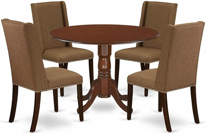 East West Furniture DLFL5-MAH-18 5 Piece Kitchen Table Set for 4 Includes a Round Dining Room Table with Dropleaf and 4 Brown Linen Linen Fabric Parson Dining Chairs, 42x42 Inch, Mahogany