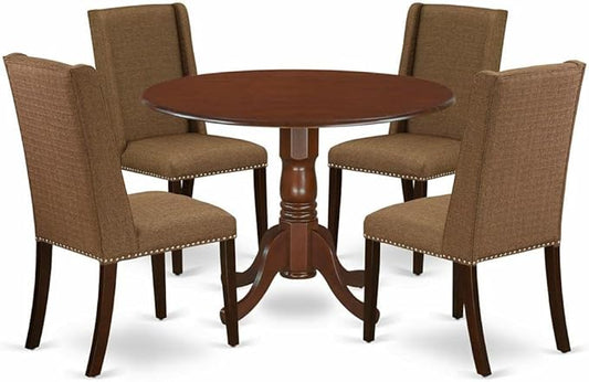 East West Furniture DLFL5-MAH-18 5 Piece Kitchen Table Set for 4 Includes a Round Dining Room Table with Dropleaf and 4 Brown Linen Linen Fabric Parson Dining Chairs, 42x42 Inch, Mahogany