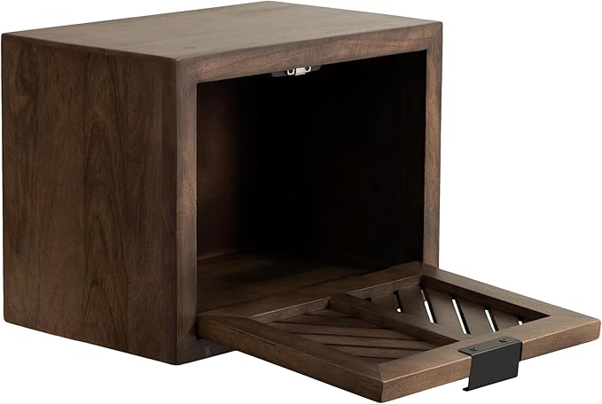 Kate and Laurel Mezzeta Modern Floating Shelf Side Table with Storage Cubby; 16 x 10 x 12; Natural Wood; Decorative Slatted Wood Floating Nightstand with Pull Down Door for Use as Bathroom Storage