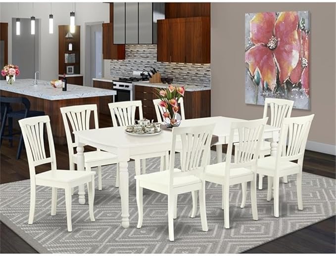 East West Furniture DOAV9-LWH-W 9 Piece Modern Dining Table Set Includes a Rectangle Wooden Table with Butterfly Leaf and 8 Kitchen Dining Chairs, 42x78 Inch, Linen White