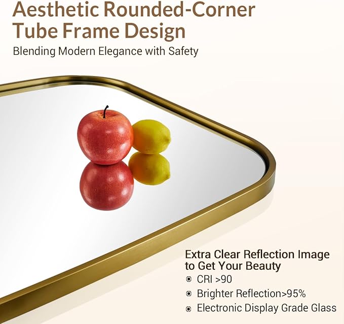 ANDY STAR Brushed Gold Oval Bathroom Mirror, 24x36 Inch Brass Oblong Mirrors for Wall, Modern Rectangle Vanity Mirror with Rounded Corner, Stainless Steel Wall Mount Horizontal or Vertical
