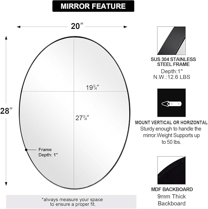 ANDY STAR Oval Bathroom Mirror, Black Oval Mirror for Bathroom, Oval Vanity Mirror for Bathroom, 20x28'' Oval Wall Mirror Pill Shaped Mirror Stainless Steel Frame Wall Mount Horizontal or Vertical