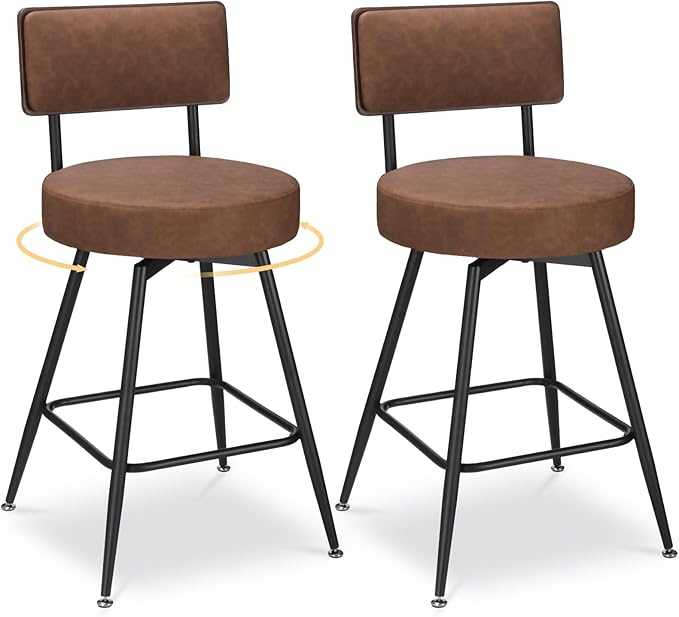 Bar Stools Set of 2, 25 Inch Swivel Bar Stools Bar Chairs, Faux Leather Counter Height Bar Stools with Backrest, Stools for Kitchen Counter Island Rustic Farmhouse, Brown