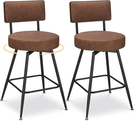 Bar Stools Set of 2, 25 Inch Swivel Bar Stools Bar Chairs, Faux Leather Counter Height Bar Stools with Backrest, Stools for Kitchen Counter Island Rustic Farmhouse, Brown