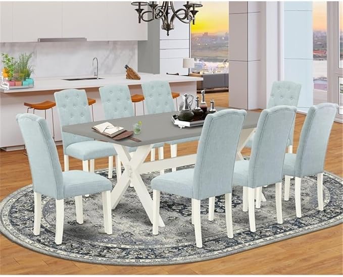 East West Furniture X097CE215-9 9 Piece Kitchen Table Set Includes a Rectangle Dining Table with X-Legs and 8 Baby Blue Linen Fabric Parson Dining Room Chairs, 40x72 Inch, Multi-Color