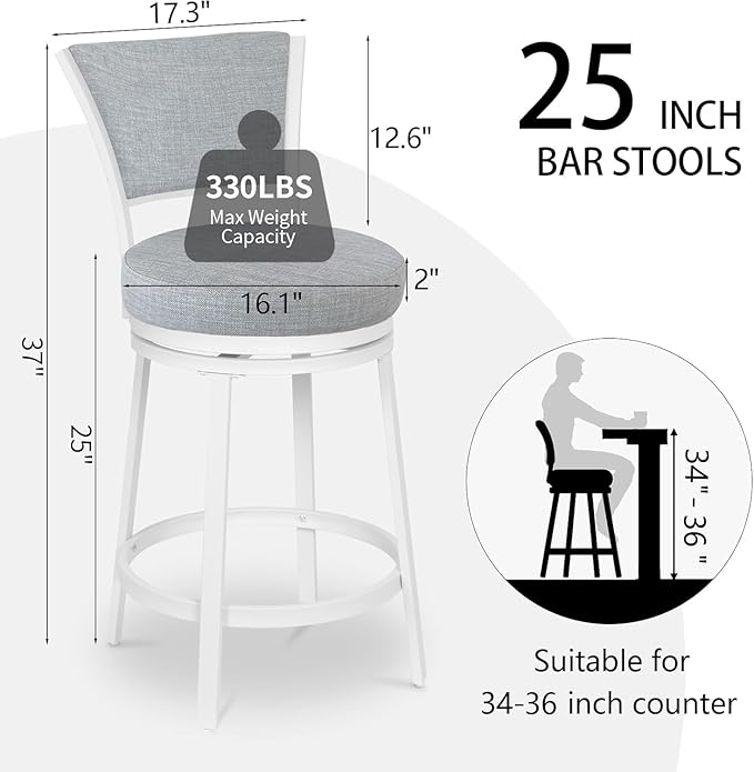 Bar Stools, Counter Height Barstools Set of 2, 25" Linen Fabric Metal Round Swivel Bar Chairs with Back, Modern Upholstered Counter Stools for Kitchen Island, Grey & White