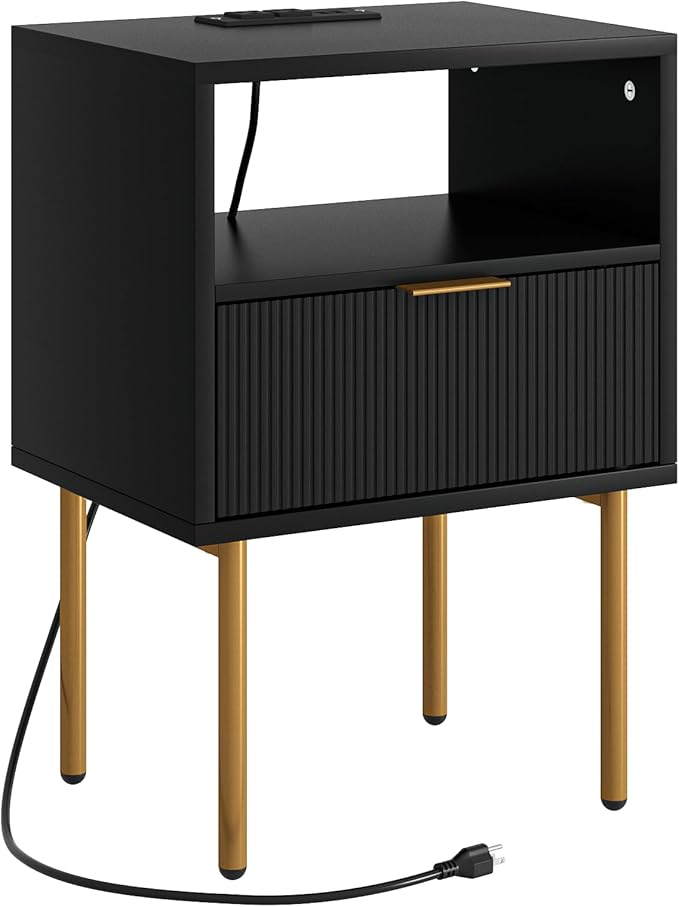 Nightstand,Small Bedside Table with Gold Frame,Morden Night Stand with 2 Drawer,End Table,Side Table with Drawer and Shelf for Bedroom,Living Room (Black-1Drawer-Outlet)