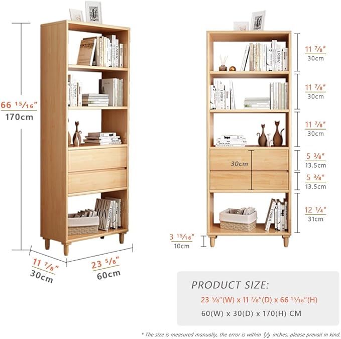 IOTXY White Mid-Century Bookcase with Legs - 67" Tall Open Shelves Cube Billy Bookshelf with Double Drawers for Home and Office
