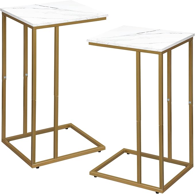 C Shaped End Table Set of 2, Small Side Table for Sofa and Bed, Couch Tables That Slide Under, Snack Side Table for Living Room, Bedroom, White Faux Marble and Gold