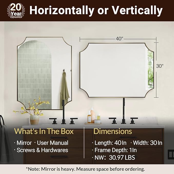 ANDY STAR Gold Scalloped Wall Mirror, 30x40 Brushed Gold Vanity Mirror, Large Rectangle Mirror in Never-Rust Stainless Steel Metal Frame, Wall Mount Vertical or Horizontal