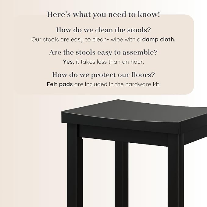 Grain & Grove Smith Collection Solid Wood Counter Height Bar Stool, 24-Inch Saddle Seat Backless Stool, Ideal for Kitchen Island, Dining, or Home Bar Seating, Black