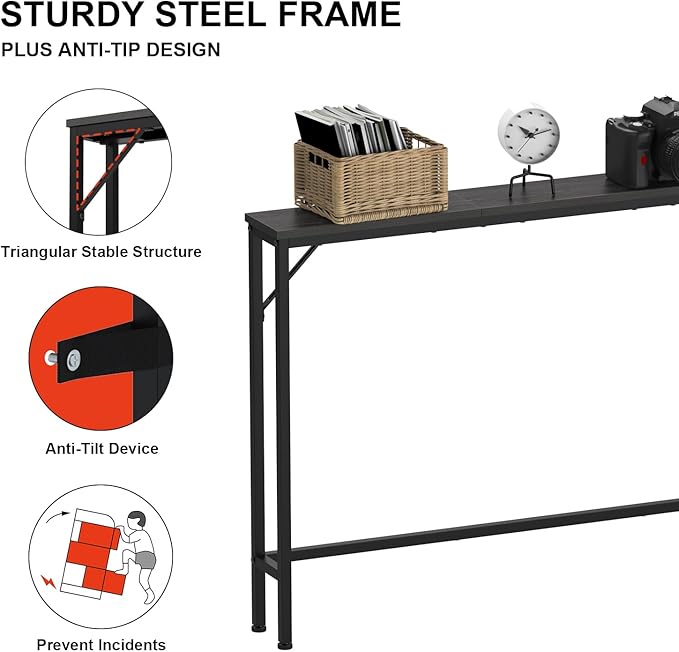 Tohomeor Skinny 5.9" Console Table 47.24" Narrow Long Sofa Table with Power Outlets USB Ports Industrial Wooden Entry Table for Entryway Living Room Hallway (L-94.4xW-5.91, Charcoal)