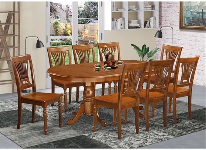 East West Furniture PLAI9-SBR-W 9 Piece Dining Room Table Set Includes an Oval Wooden Table with Butterfly Leaf and 8 Kitchen Dining Chairs, 42x78 Inch, Saddle Brown