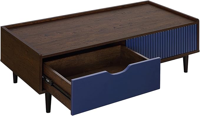 Manhattan Comfort Duane Mid Century Modern Coffee Table with Drawer & Cubby Shelf, Living Room Furniture with Ribbed Flat Design, Wood Grain Laminate Finish & Durable Iron Metal Feet, Navy Blue