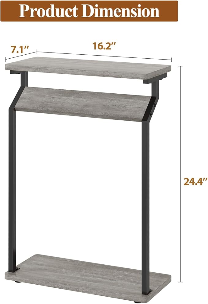 Narrow Side Table for Small Spaces, Slim Couch Tray Table, Skinny Thin End Table for Living Room, Bedroom, Grey