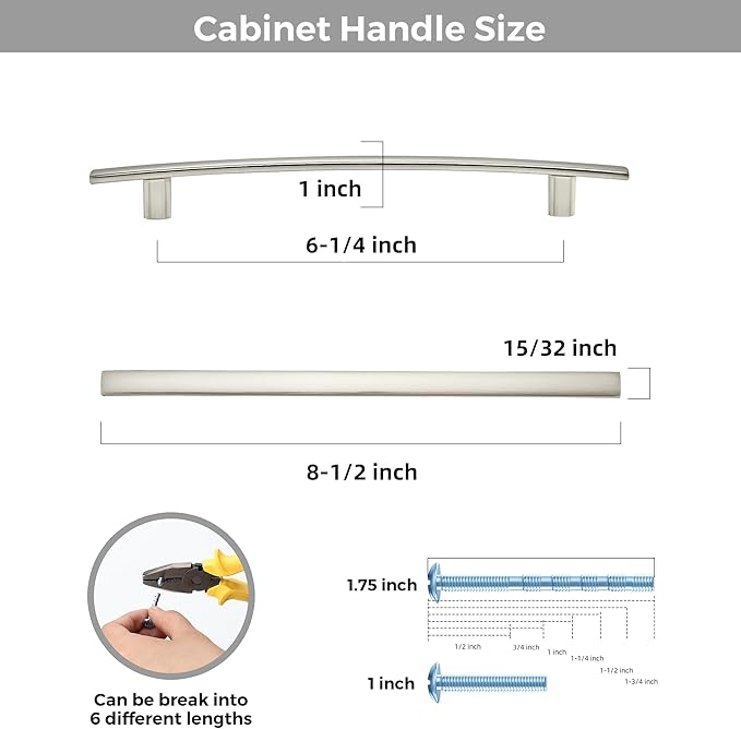 5 Pack Cabinet Handles 6.25" Hole Center - Curved Cabinet Pulls Brushed Nickel Drawer Pulls for Kitchen Cupboard Solid Hardware for Dresser Drawer Arch Hardware