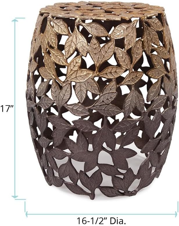Howard Elliott Olive Leaf Round Side Table & Stool, Unique Bronze Finish Cast Aluminum Bedside Table, Modern Accent Decoration Side End Table for Living Room, Balcony & Bedroom, 17 x 16.25 Inch