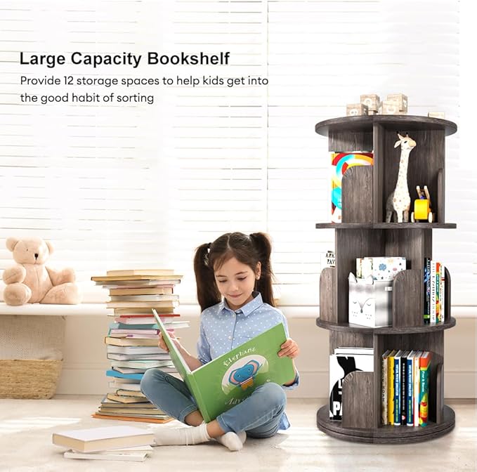 Nidouillet Rotating Bookshelf, Revolving Bookcase 360 Display Round Bookshelf Narrow Swivel Corner Book Shelf Standing Bookcase for Adult Bedroom, Living Room (Oak Grey, 3 Tier)