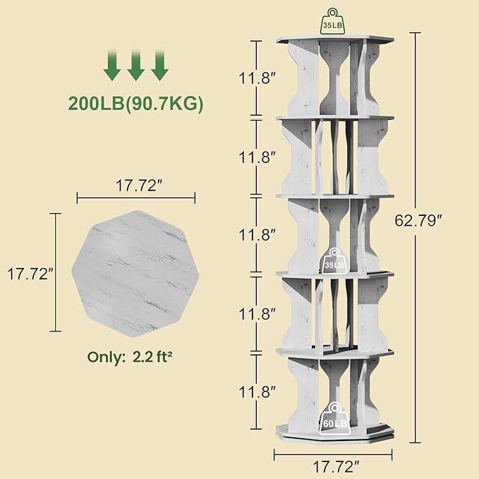 Rotating Bookshelf, 5 Tier Spinning Bookshelf Tower, Corner Revolving Storage Rack for Bedroom, Study Room, Kids Room, Living Room, Office (White, 5 Tier)