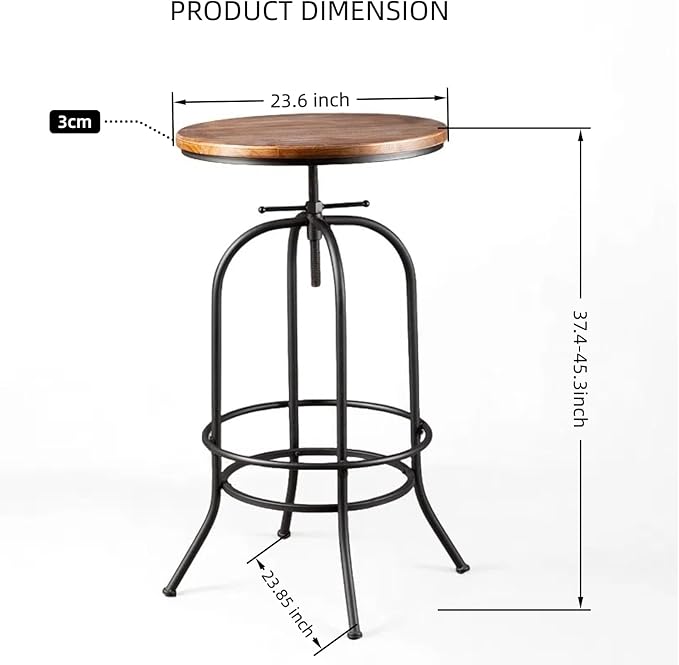 Industrial Bar Table Height Adjustable 37.4-45.3inch Vintage Swivel Pub Tables Solid Wood Top Metal Base with Footrest