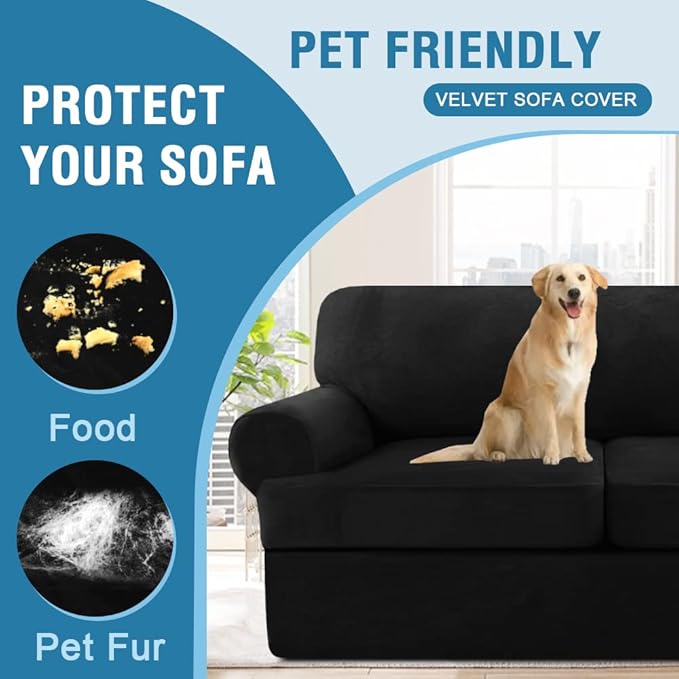 H.VERSAILTEX Sofa Cover 3 Piece T Cushion Loveseat Slipcovers Thick Velvet Couch Cover Furniture Protector Stretch T Cushion Sofa Covers for 2 Cushion Couch with 2 Individual T Cushion Covers, Black