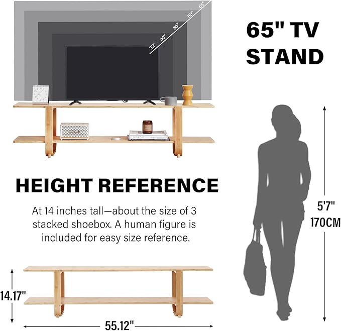 Welnow Bamboo TV Stand for Up to 65 Inch, Mid Century Modern Entertainment Center with 2-Tier Open Shelves, Storage Media Console Table for Living Room, Bedroom, Natural