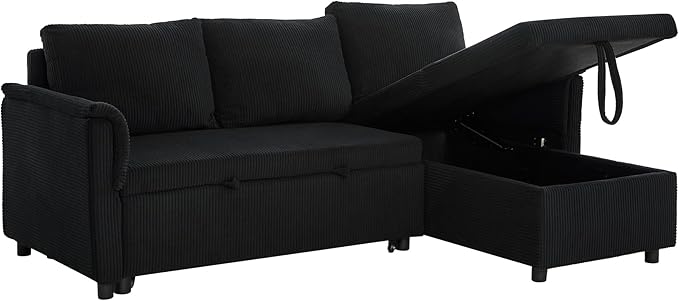 Ball & Cast L-Shape Reversible Sectional Sleeper Sofa Bed 4 in 1 Pull Out Couch with Storage Chaise&Removable Backrest,Convertible Sleeper Corner Couch Pull-Out Sofa Bed for Living Room,Corduroy,Black