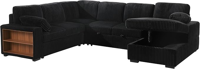 Eafurn Oversized U Shaped Convertible Sleeper Sectional Sofa w/Pull Out Couch Bed, 6 Seater Corduroy Upholstered Corner Lounge Sofa Couch Sleeper Sofabed w/Storage Chaise,Shelves
