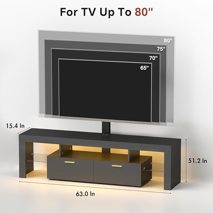 Redkey Modern TV Stand with Mount - TV Console with 2AC Outlets - Television Stands with RGB Led Light for 75 Inch TVs - Double Cabinet - 40°Adjustable Amplitude - Black(FBA)