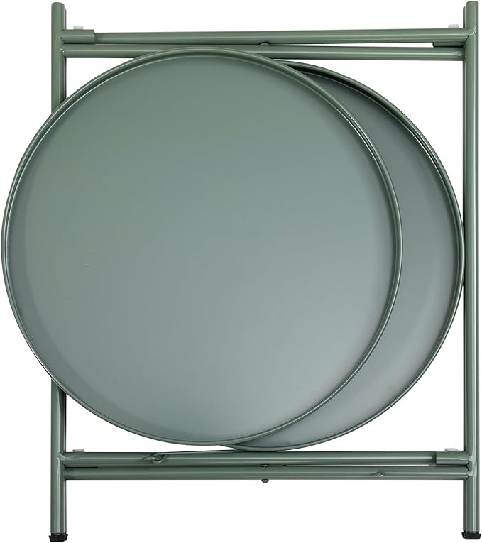 HollyHOME 2-Tier Round Side Table, Outdoor Small Folding Accent Stand with Removable Tray, Anti-Rust Metal Asional Table for Balcony Patio Living Room, Nightstand for Bedroom(Matcha Green)
