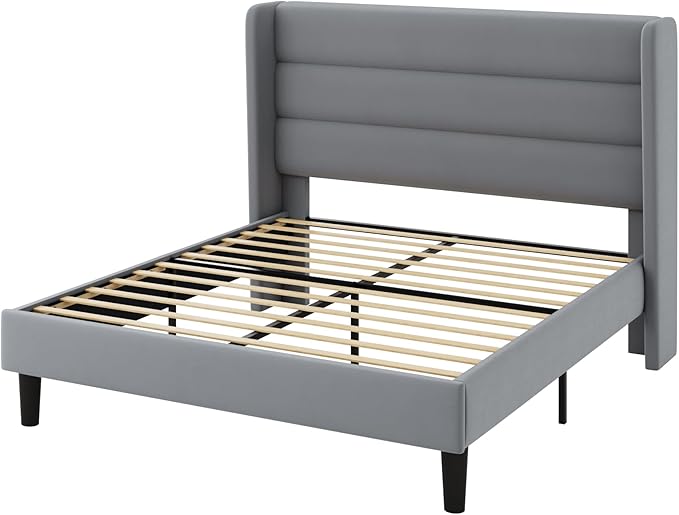 Allewie Full Size Platform Bed Frame with Velvet Upholstered Wingback Headboard, No Box Spring Needed, Under Bed Storage Space, Strong Wooden Slats, Modern Mattress Foundation, Easy Assembly, Grey
