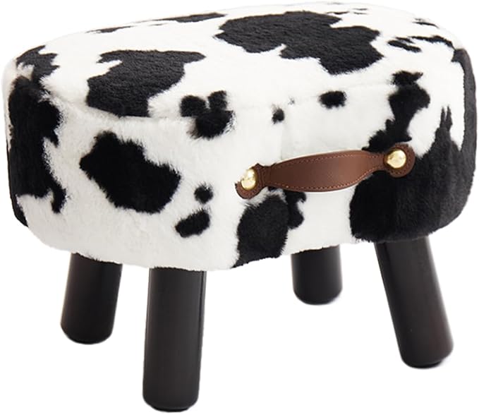 Small Footstool with Handle, Faux Fur Ottoman Foot Rest with Padded Seat, Curved Foot Stool with Wooden Legs, Portable Foot Rest for Living Room, Bedroom, Entryway, Cow