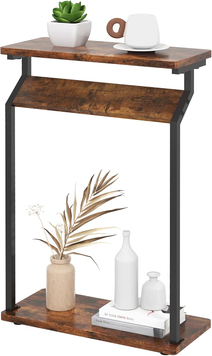 Narrow Side Table for Small Spaces, End Table for Couch, Slim Couch Tray Tables, Skinny Thin End Tables for Living Room, Bedroom, Rustic Brown
