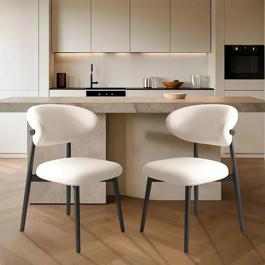 Upholstered Dining Chairs Set of 2,Mid Century Modern Kitchen Chairs with Back and Wood Frame,Faux Leather Dinner Chairs (White + Black Legs, Set of 2)
