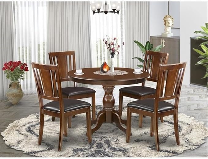 East West Furniture HBDU5-MAH-C 5 Piece Modern Dining Table Set Includes a Round Wooden Table with Pedestal and 4 Linen Fabric Dining Room Chairs, 42x42 Inch, Mahogany